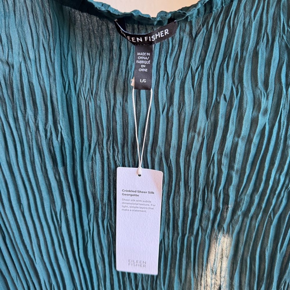NWT EILEEN FISHER Crinkled Sheer Silk Georgette Bateau Neck Long Top Sz L - Picture 7 of 11